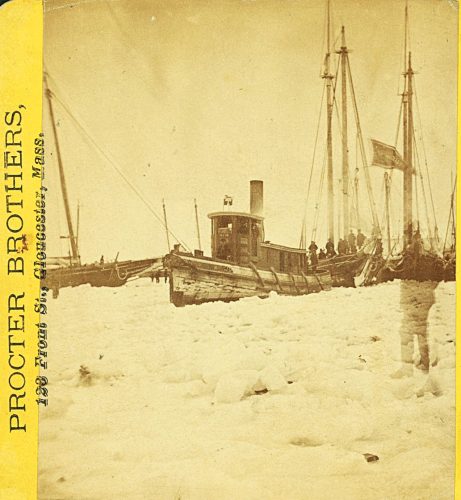 Tugboat Vim towing fishing schooner gloucester 1875